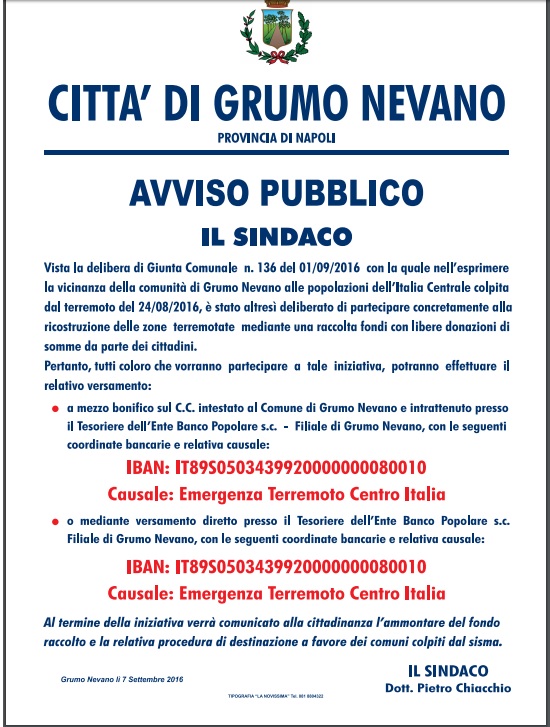 AVVISO - SOLIDARIETA' ALLE POPOLAZIONI DELL'ITALIA CENTRALE  COLPITE DAL TERREMOTO
